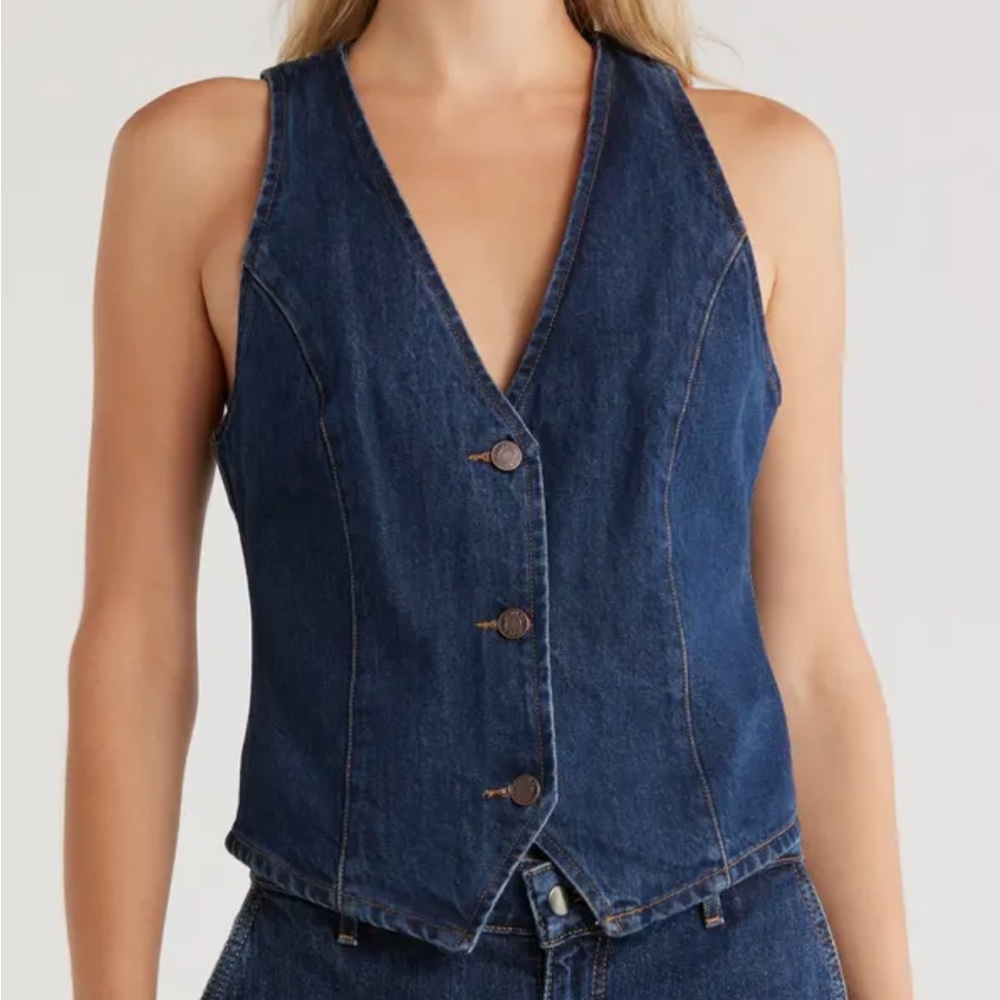 Jason Wu Edit denim vest, a structured, cropped mid-blue wash